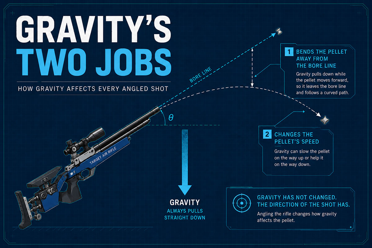 Gravity shown bending the path and changing the speed of an angled airgun pellet