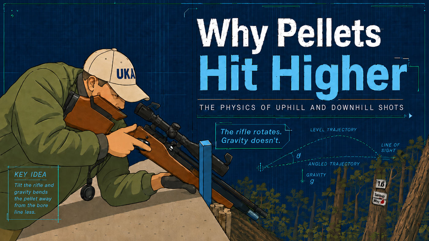 Air rifles aimed uphill and downhill with gravity acting vertically and both pellet paths curving less than a level shot